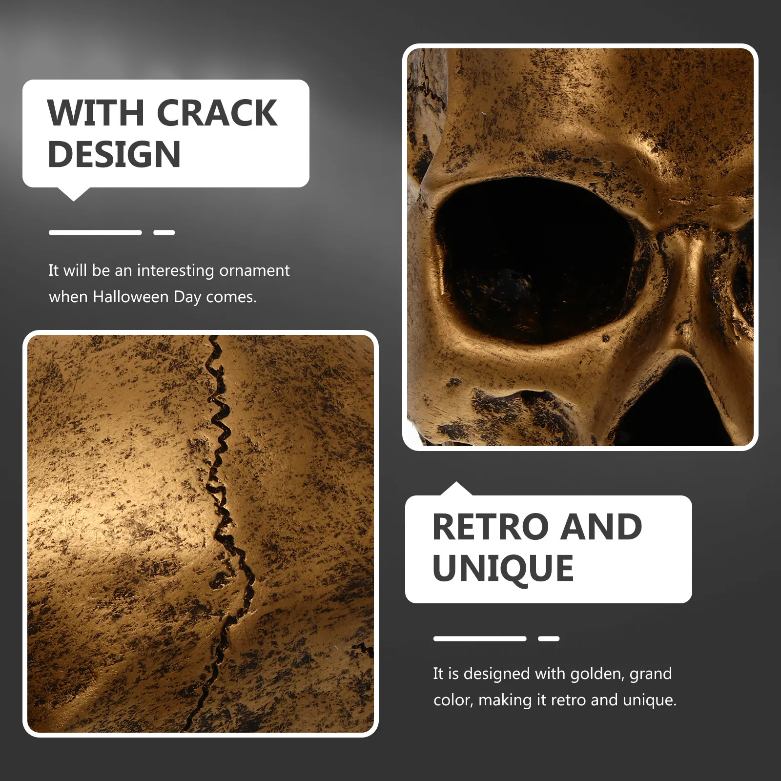 

1 шт. Декоративная статуэтка в виде черепа из смолы, золотистая, в стиле ретро, с эффектом трещин, реалистичный дизайн человеческого черепа, украшение для Хэллоуина, винтажный декор для дома