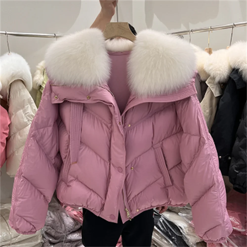 

new Fox large fur collar down jacket women's short loose thickened winter coat