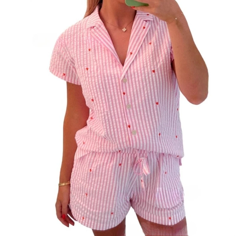 European American Style Women's Fashion Casual Suit Striped Heart Shaped Elastic Shorts Matching Pajamas Set XL Size Summer