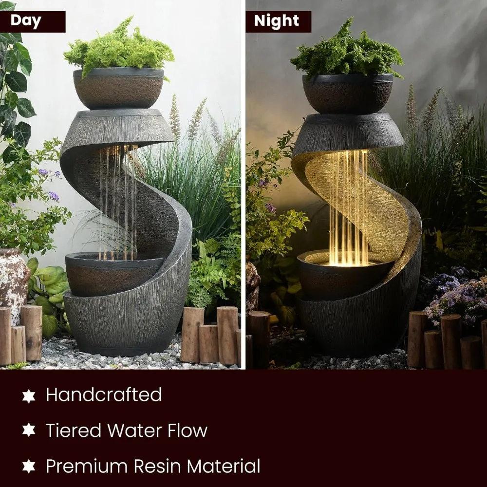 ميزة مياه خارجية نافورة فناء مع أضواء LED، نافورة شلال حديقة من الراتنج 31.9 خارجية، تصميم عصري على شكل حرف S #5