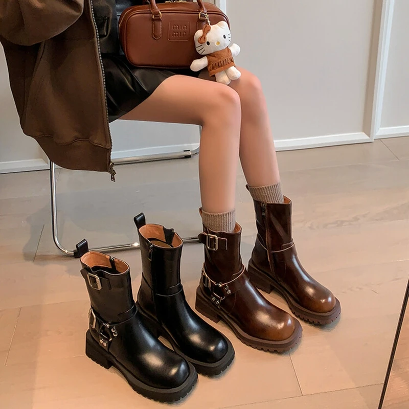 NEW Autumn Women Boots Split Leather Shoes for Women Square Toe Chunky Heel Shoes Zip Metal Buckle Boots Platform Modern Boots