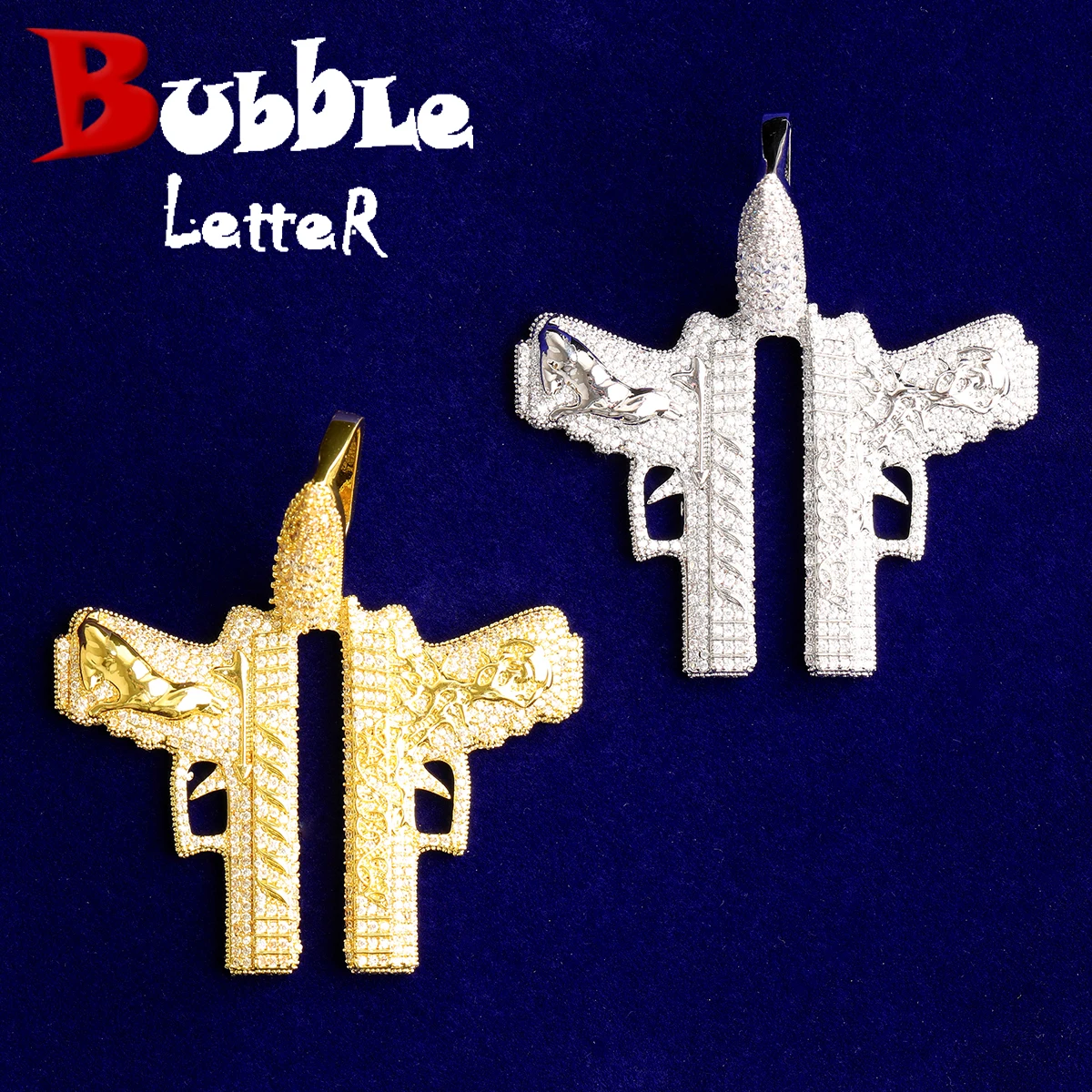 Bubble Letter Iced Out Bullet Bail Double Gang Necklace Pendant for Men Real Gold Plated 5A Cubic Zirconia Hip Hop Jewelry