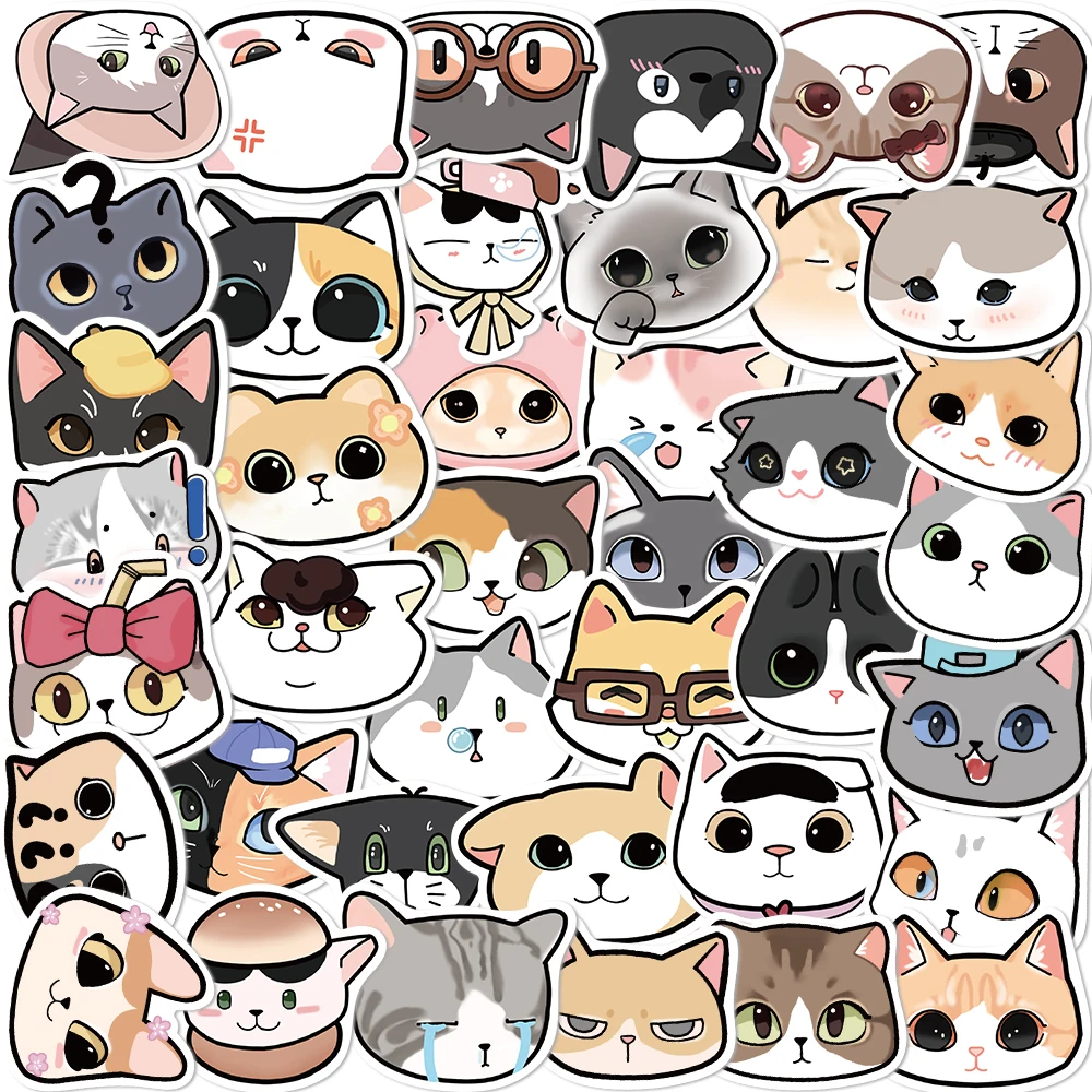 10/20/40pcs Hand painted cat head Stickers Decals Cartoon Graffiti DIY  Notebook Luggage Wall Decoration PVC Sticker