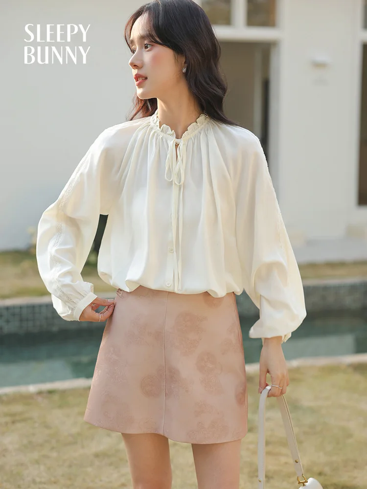 Elegant French Style White Long Sleeve Blouse for Women Spring Ruffled Stand Collar Loose Fit Button-Up Shirt with Lace Trim