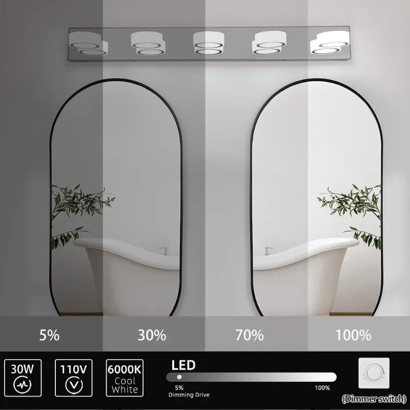 37" Modern Minimalist 5-Light LED Vanity Light Chrome Energy-Efficient Bathroom Decor Wall Sconce