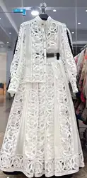 Otoño Crochet blanco encaje bordado 3 piezas conjuntos mujeres vestido trajes ahueca hacia fuera la camisa suelta Top cintura elástica Maxi falda traje