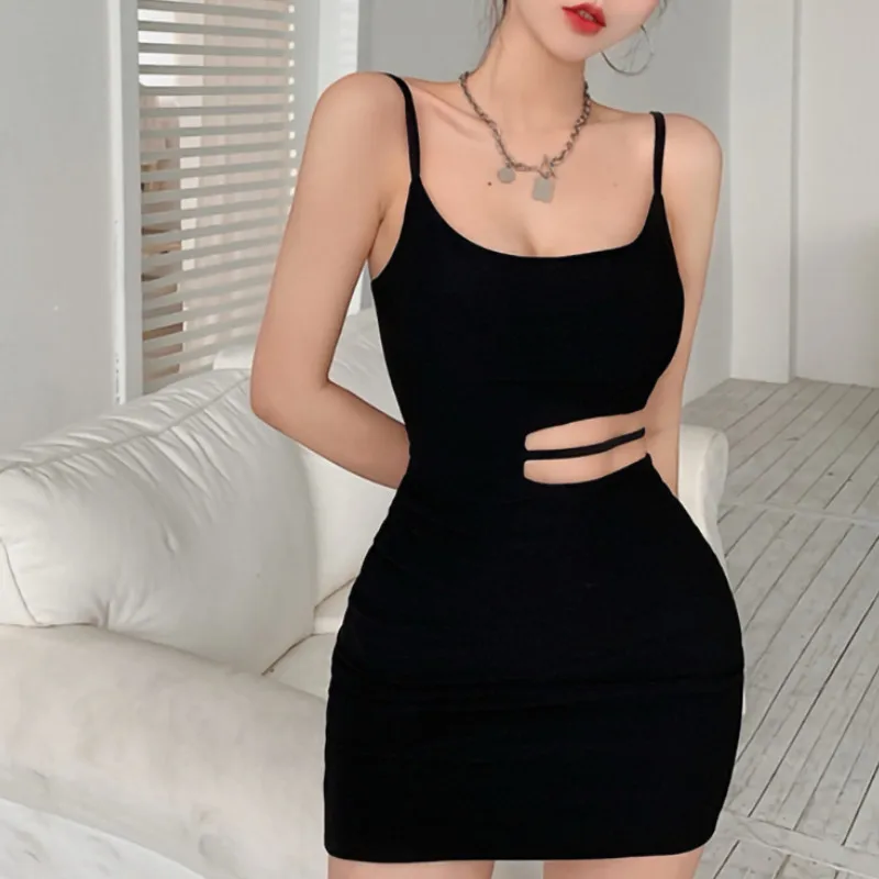 WPNAKS Women Sexy Bodycon Mini Dress Evening Party Summer Clothes Sleeveless Spaghetti Strap Solid Color Cutout Dress Sexy Club