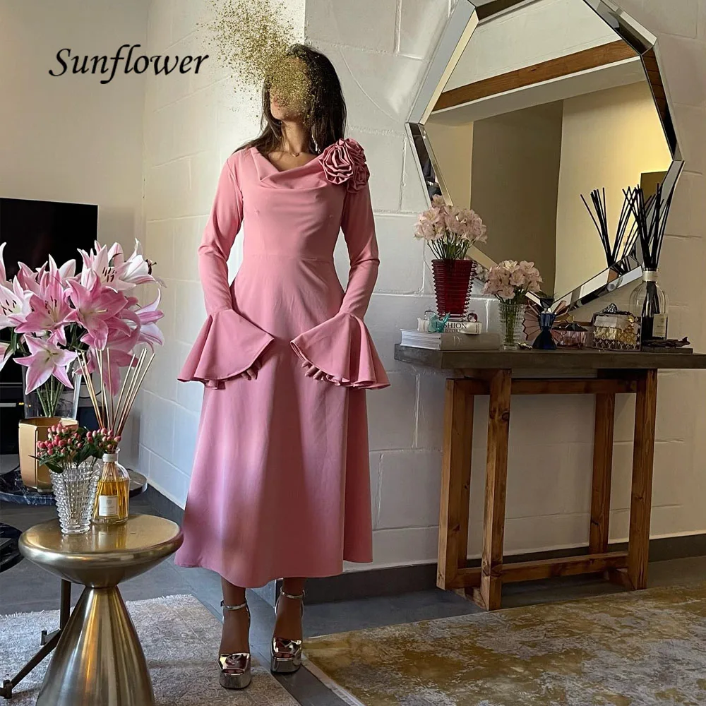 

Sunflower Pink O-Neck Mermaid Evening Dresses Women Saudi Arabia Crepe Long Sleeve Wedding Guest Elegant Formal Party Gowns