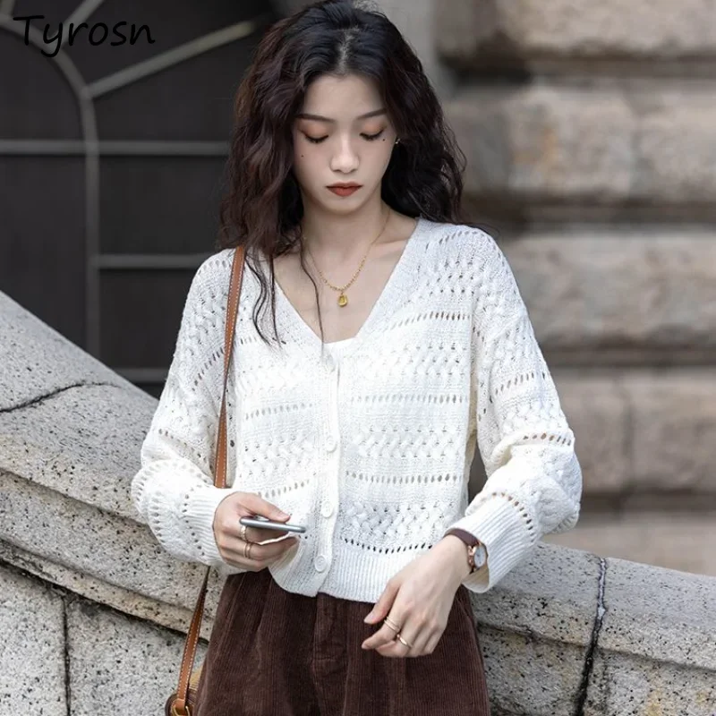 

Cardigan Women Tender Spring Hollow Out Design Knitting Simple All-match Solid Loose Sweet Elegant Ladies Korean Style Outwear
