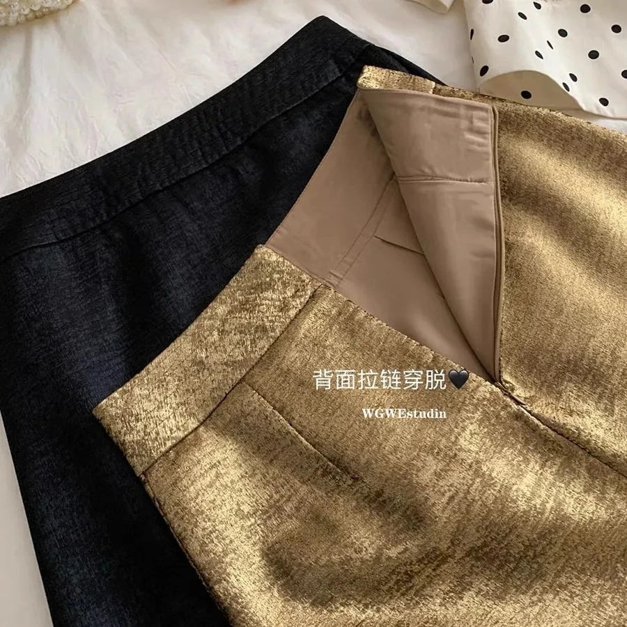 Sweet Golden shiny Mini Skirt, for Women, 2024 New ,Spring Autumn Skirts, Sexy High Waist Slimming A-line hip Short Skirt,Girls