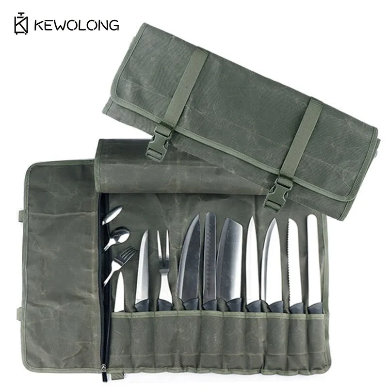 

Рулон кухонных инструментов из вощеной парусины — складная мягкая сумка для ножей с карманами для столовых приборов, водонепроницаемая сумка для шеф-повара большой вместимости для путешествий