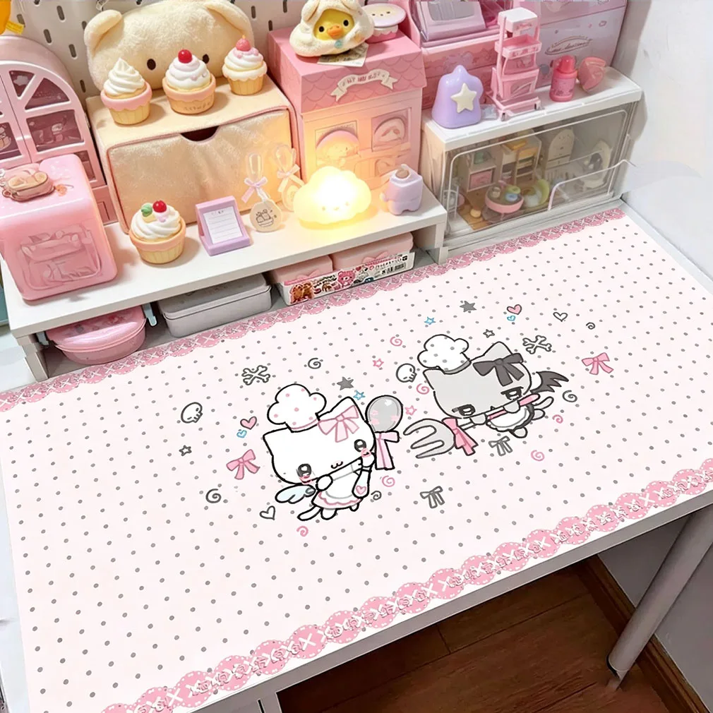 Leather Desk Pad Protector Pink Gradient Kitten Polka Dots Chef Cat Y2K Mouse Pad Office Desk Mat PU Desk Blotter keyboard Pads