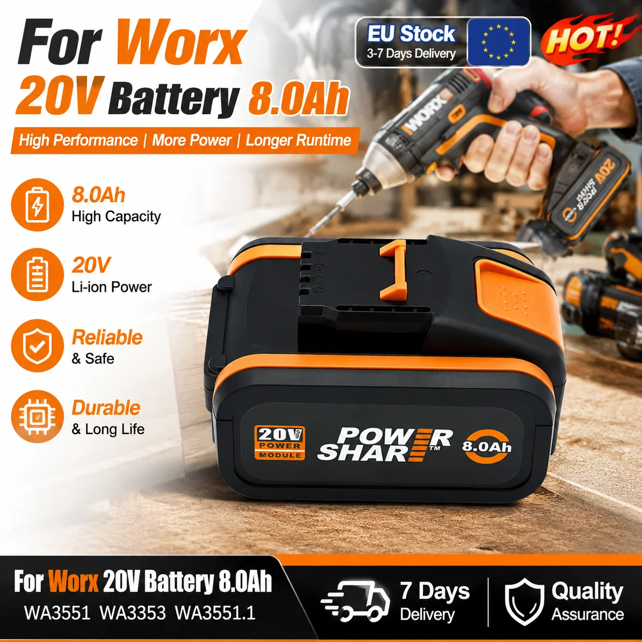NEU für WORX 20V 6Ah 8Ah Akku WA3014 WA3551 WG630 WG629 WX372 WX390 WX394 WX550 WX523 WX802 WX858 WX900 Elektrowerkzeug-Akku