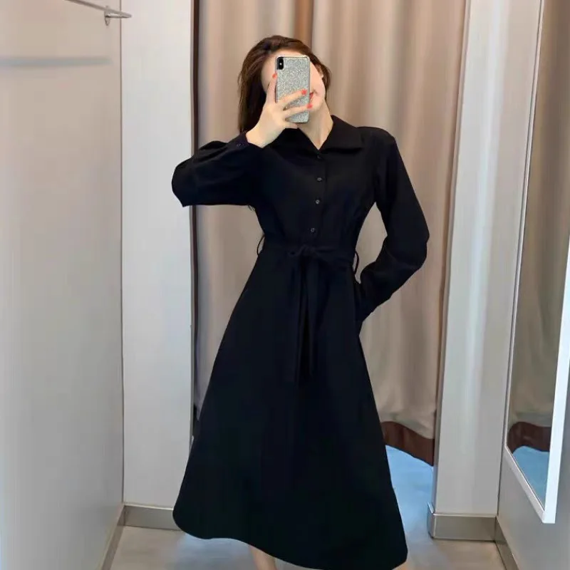 Women's Autumn Winter New Hepburn Style Little Black Skirt Long Skirt with Waist Collection Goddess Style Dress