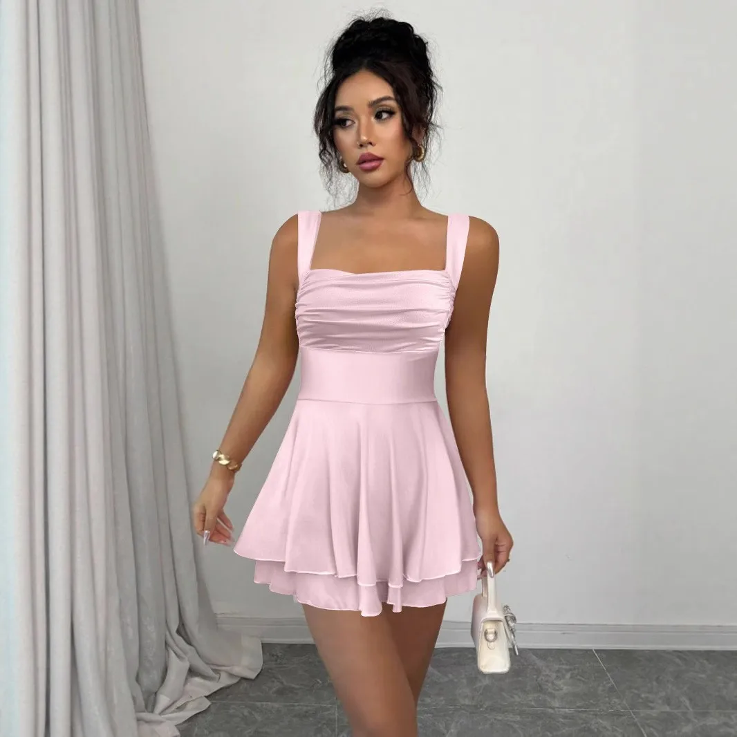 

Sexy Square Neck Shoulderless Slim Fit Mini Dress Fashion Parties Elegant Double-Layer Ruffled Edge Puffy Skirt Women Dress