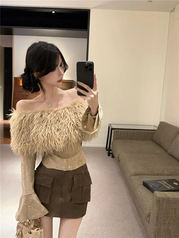 أسود كاكي الفراء المرقعة مائل الرقبة سليم تي شيرت 2025 خريف جديد شيك مضيئة كم علوي قبالة الكتف كم طويل قاع قميص #5