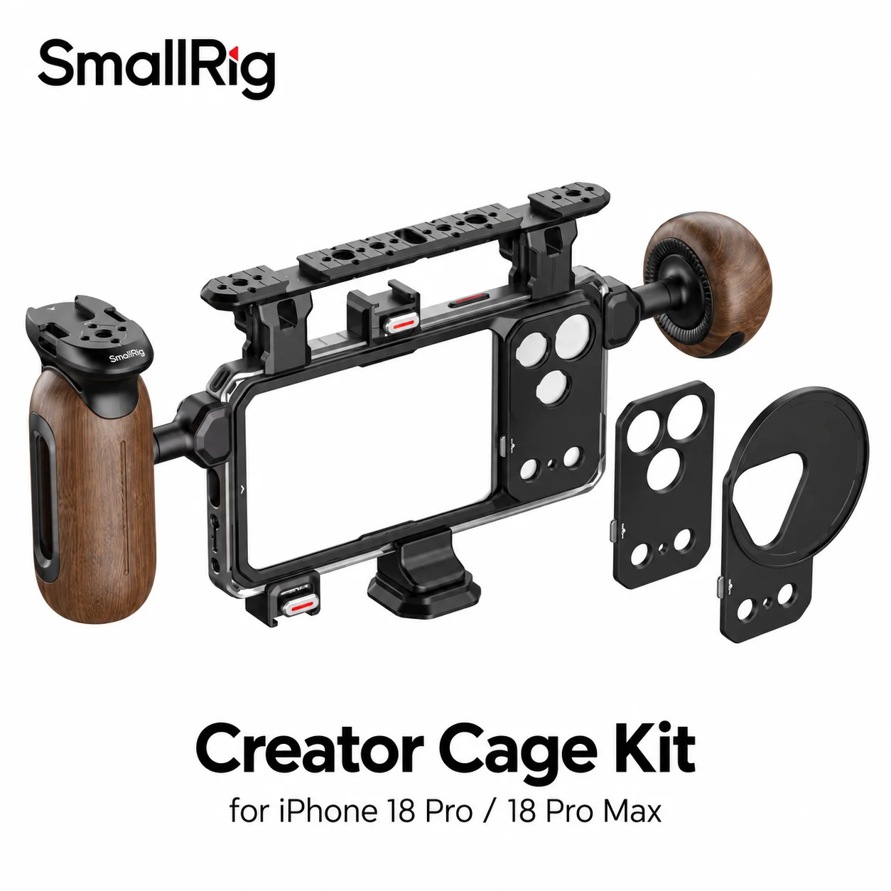 SmallRig Creator Cage Kit for iPhone 18 Pro / 18 Pro Max with Rotating & Spherical Wooden Handle T-Mount & 17mm Lens Backplate