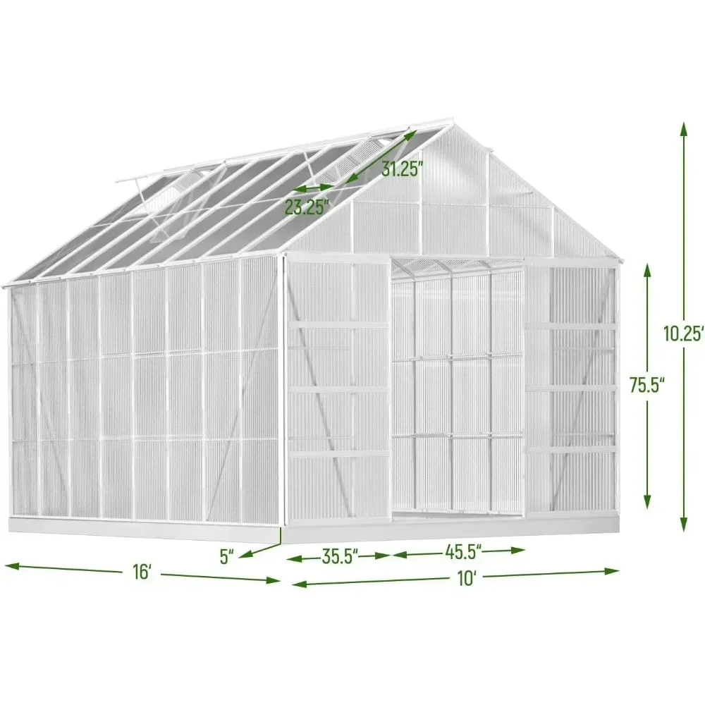 

10' x 16' Outdoor Aluminum Greenhouse Polycarbonate with Adjustable Roof Vent and Sliding Door for Backyard Garden in Winter