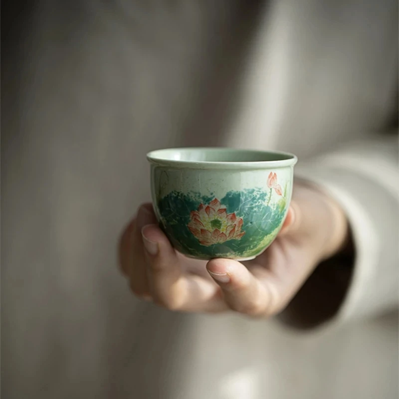 

Hand Painted Lotus Chinese Tea Cup Ceramic Antique Beautiful Teacup Teaware A Cup Of Tea Light Green