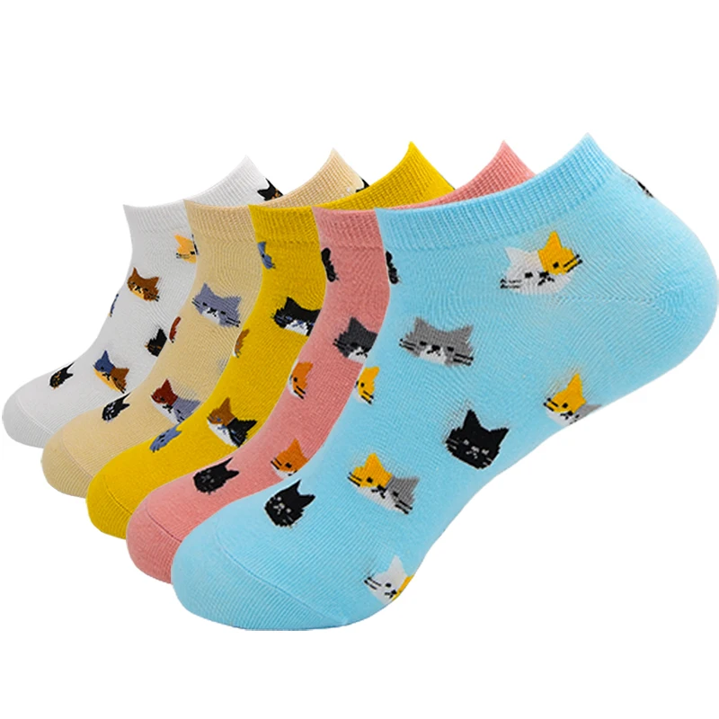 5 Pairs Women Socks Harajuku Cartoon Cute Cat Cotton Ankle Socks Korean Girls Kawaii Casual Breathable Short Sock Sox Calcetines