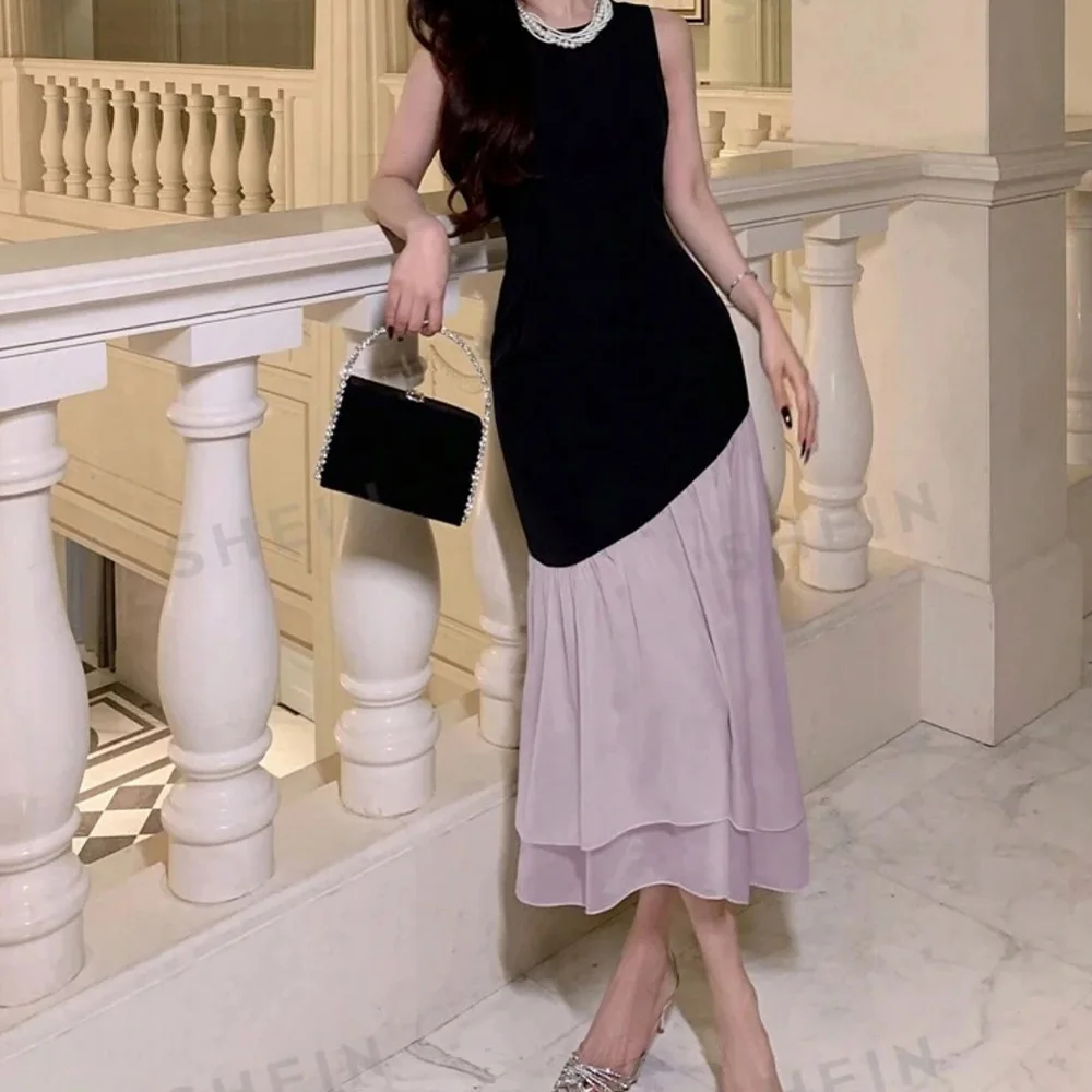 Contrast Color Jersey Sleeveless Off the Shoulder Crew neck Tea Length A-Line Graceful and Temperament Evening Dress Photo Color