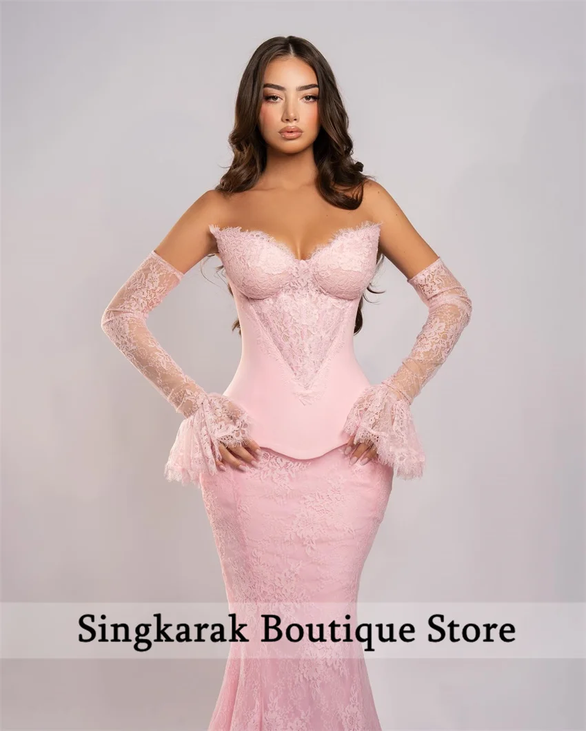 Elegante vestido de noite de renda rosa árabe saudita sem alças com luvas novo espartilho vestido de baile فساتmaverapersonalizado 2026
