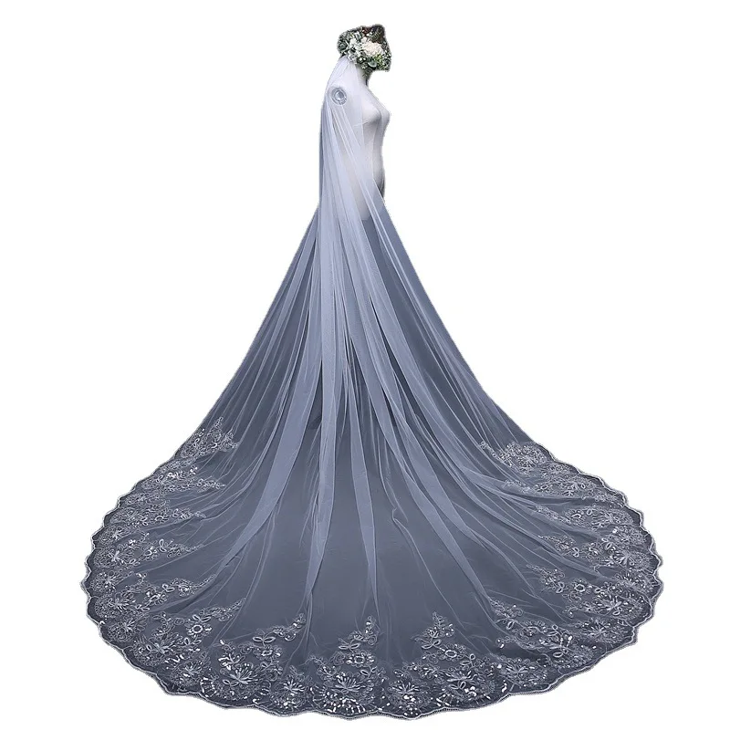 Sequin Lace Bridal Veil, 4 Meters Long and 3 Meters Wide, Cathedral Long Drape Golden Sparkling Wedding Dress