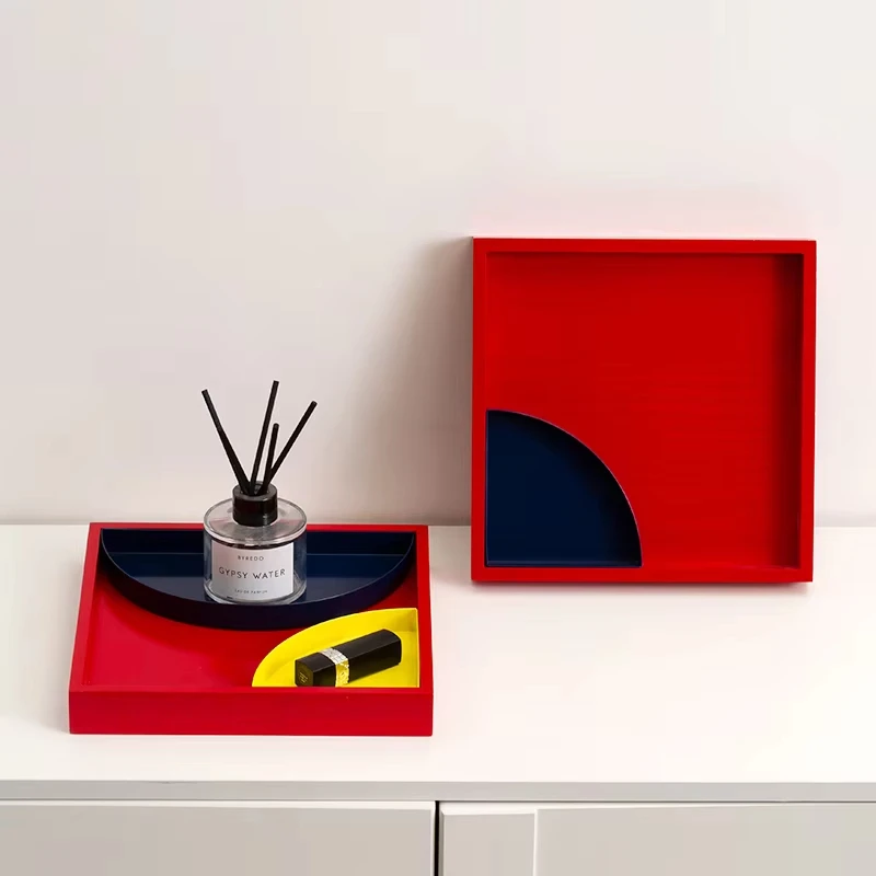 Metal Color-matching Solid Wood Tray Desktop Storage Box Fruit Tray Nordic Simple Storage Tray snack tray 15 sold