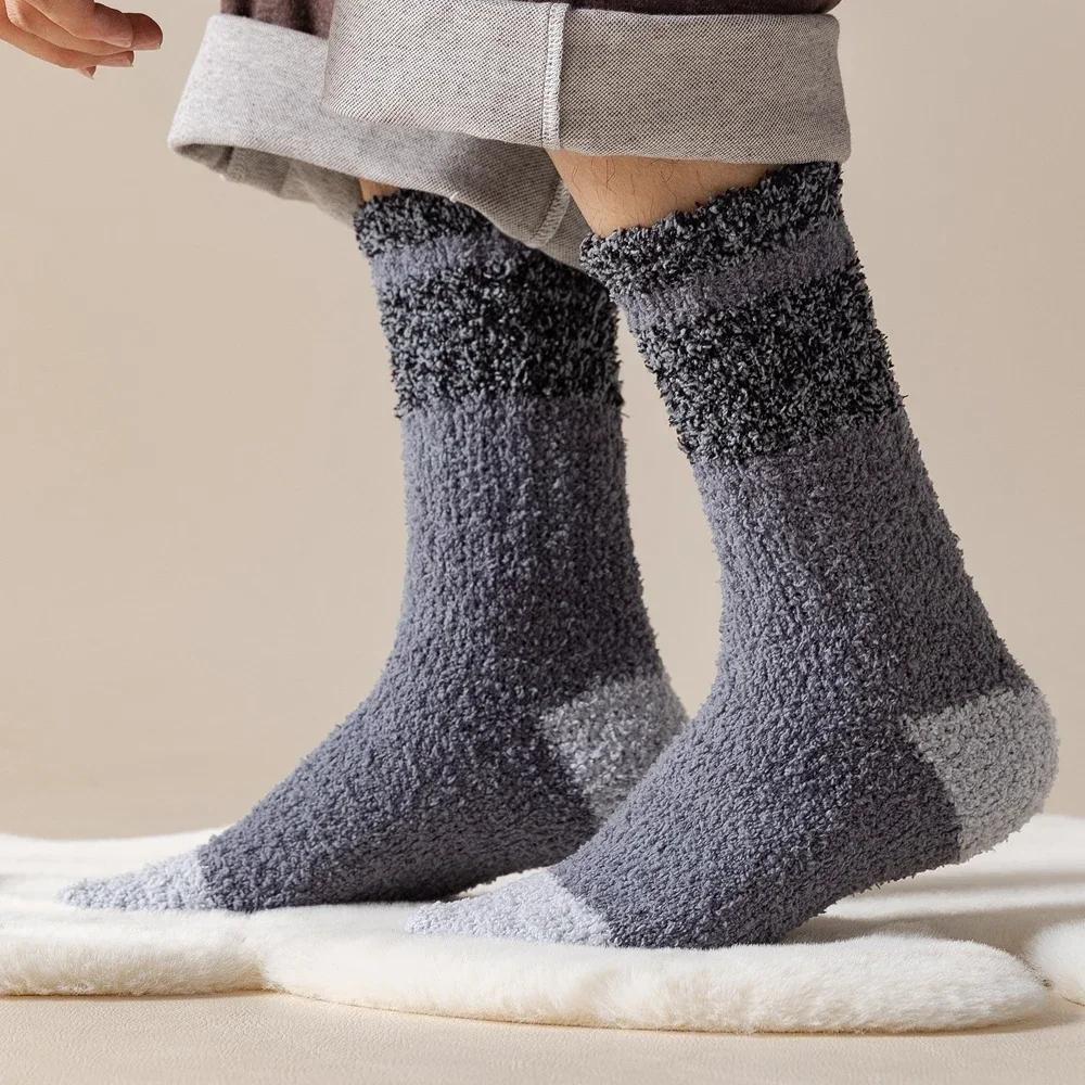 남성 코랄 플리스 두꺼운 겨울 양말, 중간 튜브 수면 바닥 모피 양말, 보온, 아늑한 푹신한 따뜻한 양말, 소년 양말, 3 쌍