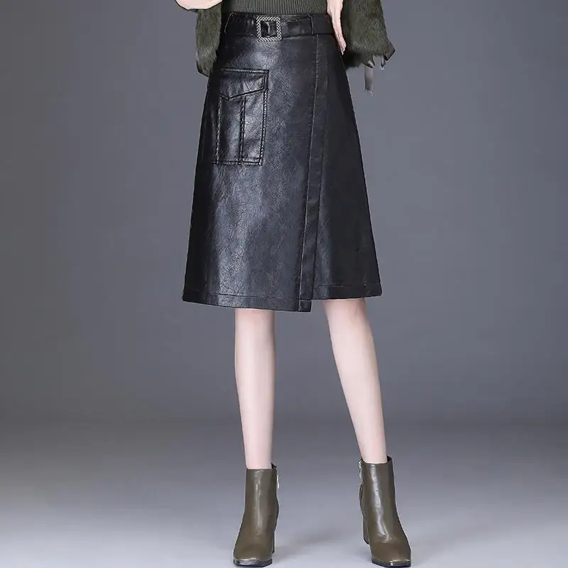 

Autumn Winter New Soft Leather Skirt for Women High-Waist Slimming Faux Leather Short & Midi Skirt Bodycon A-Line Skirt