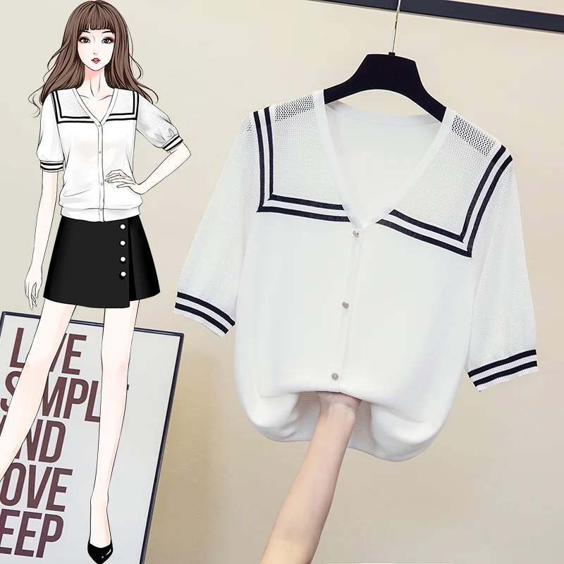 4XL Oversized Summer kintting hollow out T-shirt 2023 short sleeve v neck Stripe sexy thin sweater pullover sueters de mujer