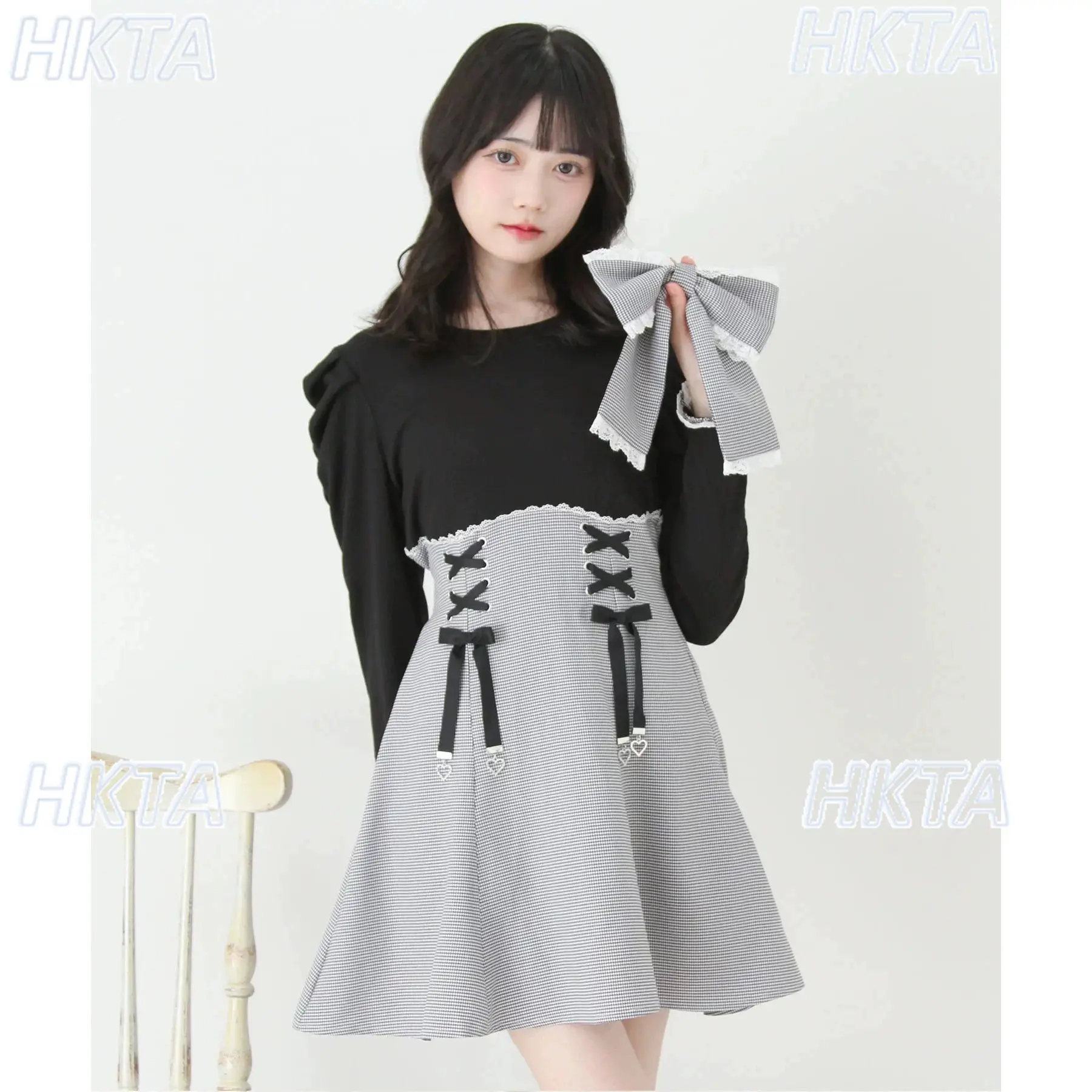 Japanese Commuter Temperament Sweet Lace Crew Neck High Waist Lolita Dress Bow Thin Strap Plaid Splicing Ruffle Mini Dress Women