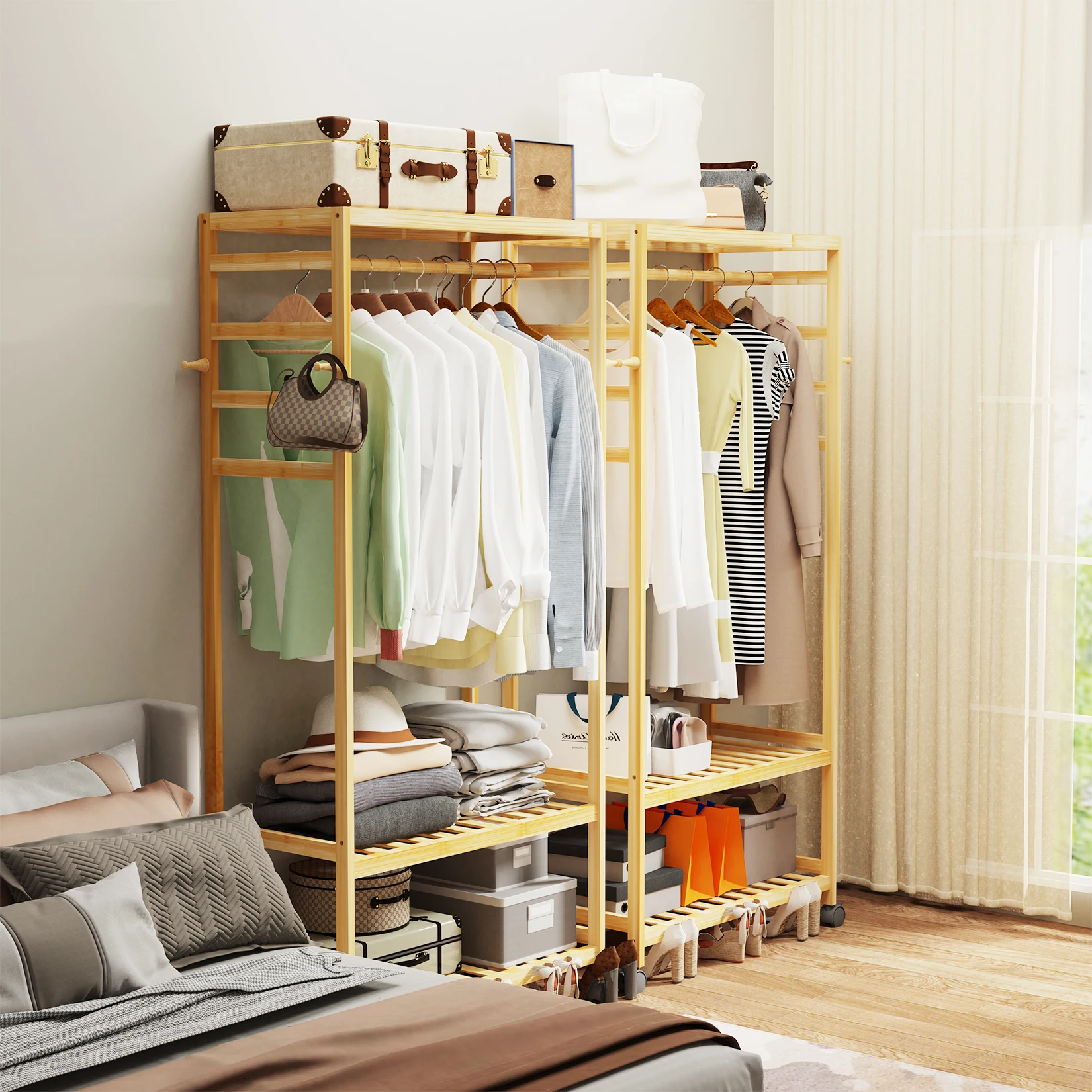 Side Hooks Corner Open Wardrobe Heavy Duty Wooden Clothes Rail Rack Scarf Cap Garment Hanging Stand