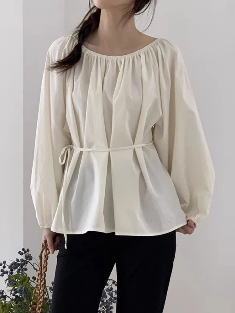 KUSAHIKI coreano Chic autunno francese retrò girocollo plissettato Design cravatta vita Versatile camicia a maniche lunghe tinta unita per le donne