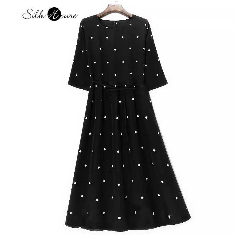 

2024 Women's Casual New Polka Dot Print 100% Natural Mulberry Silk Crepe De Chine Mid Length Mid Sleeve Large Swing Dress