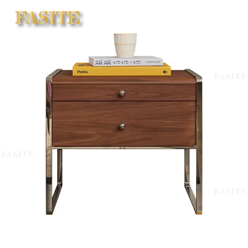 For Medieval Table Stainless Steel Solid Wood Nightstand Storage Cabinet High End