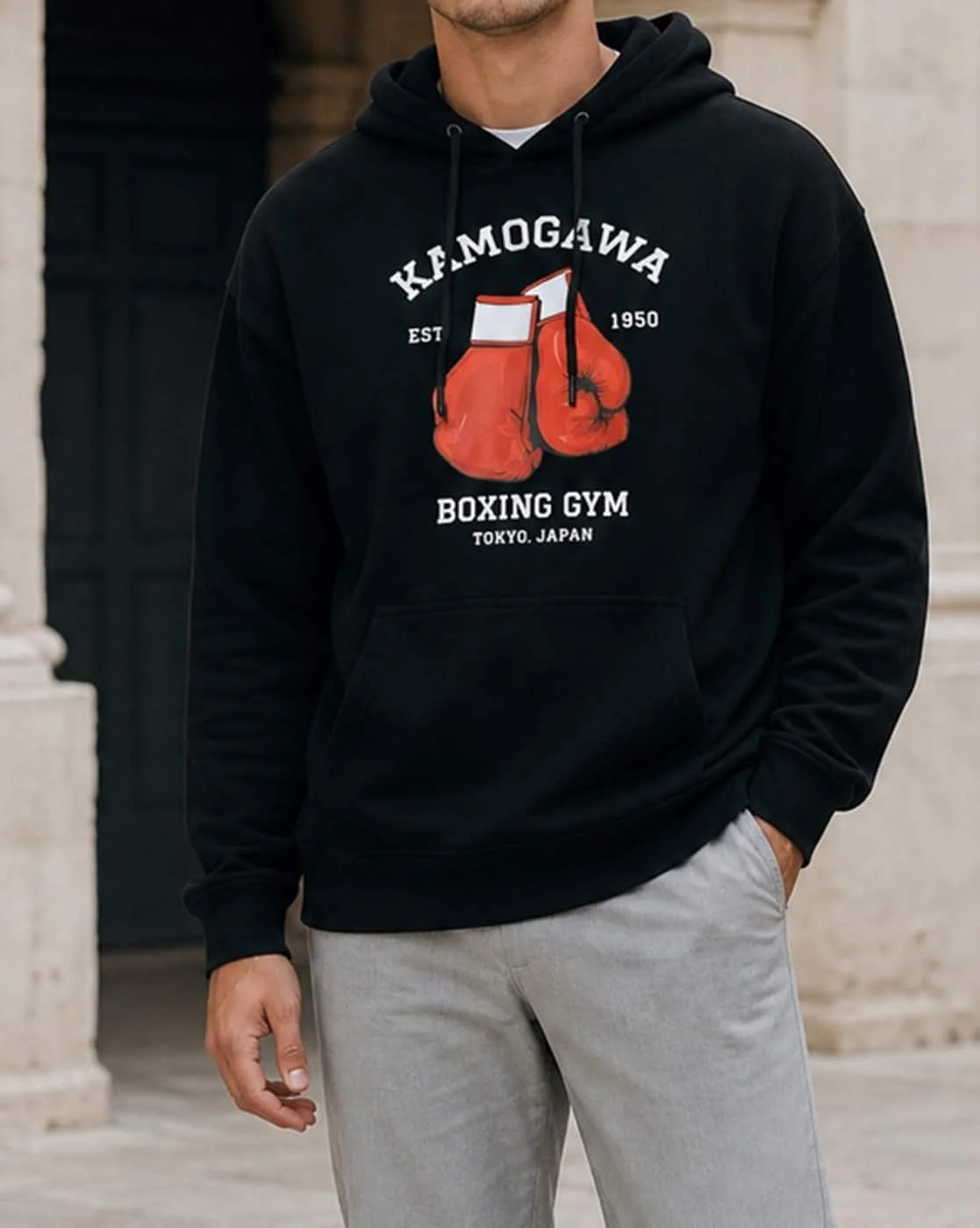 Men Chest Print Hoodie Vintage Boxing Gloves Graphic Pullover Hooded Sweatshirt Gym Sports Casual Streetwear Tops
