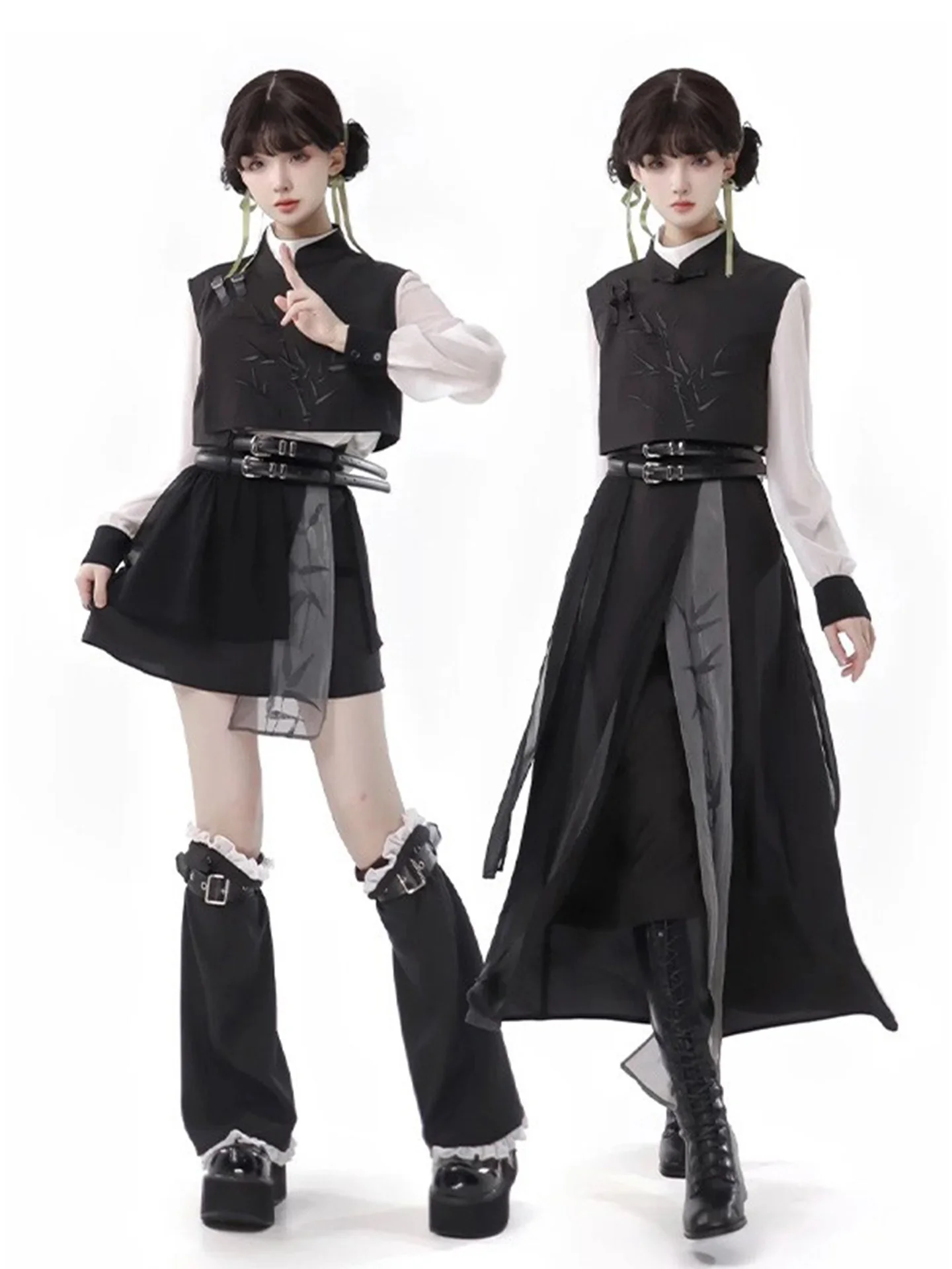 

ew Chinese-style martial arts-themed retro waistcoat, black and white design, adult female martial arts-style set Hanfu