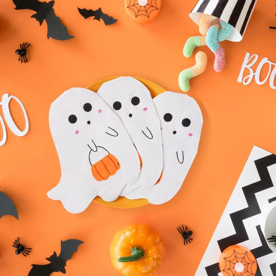 100 pièces serviettes en papier Halloween 3 plis fantôme citrouille chat noir serviette de déjeuner effrayant Dert dîner serviette à main pour la fête 6.5x6.5