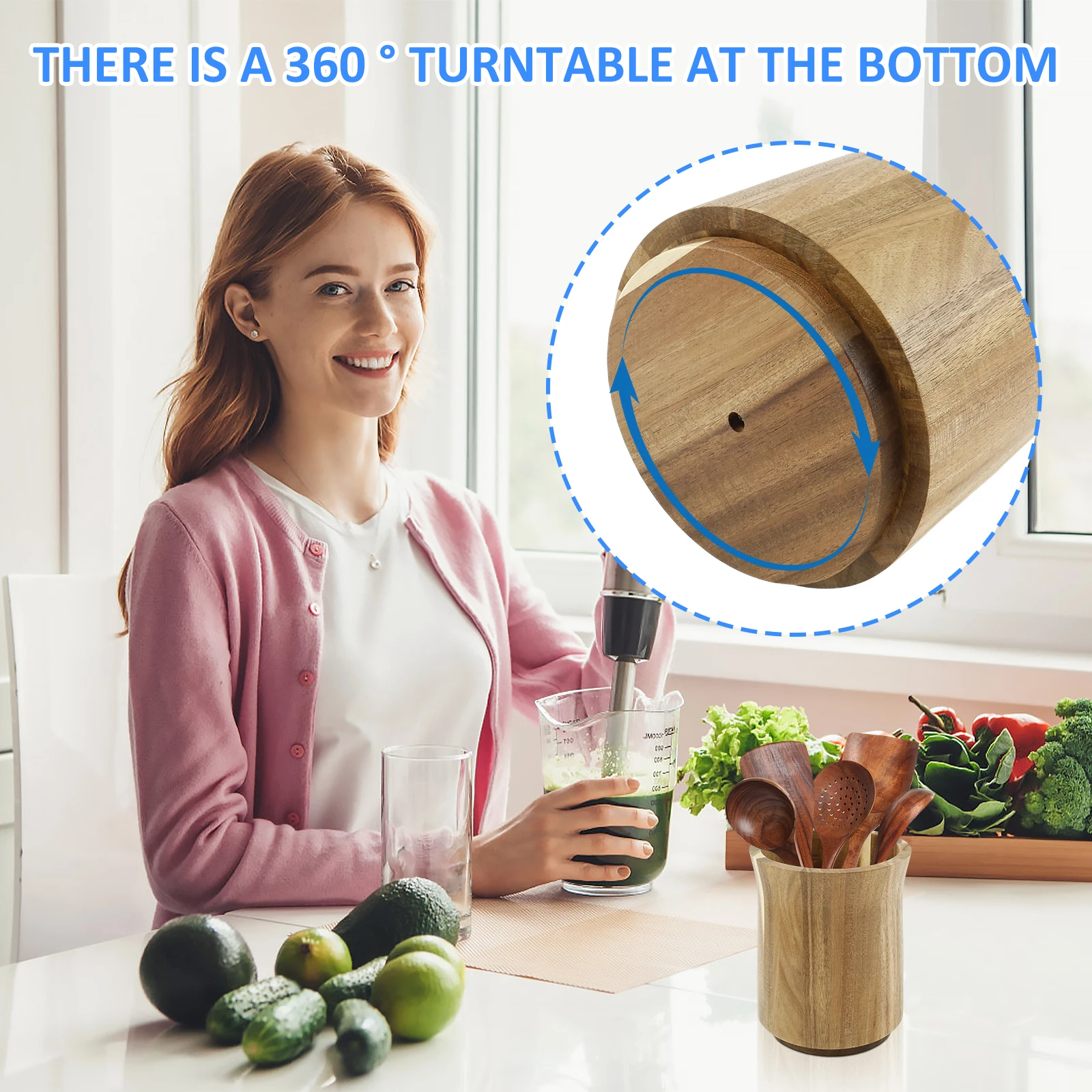 أنبوب تخزين خشبي لأدوات الطبخ وعيدان تناول الطعام وملاعق وشوك وأدوات المائدة 360 درجة °   رف تخزين متعدد الوظائف للمطابخ