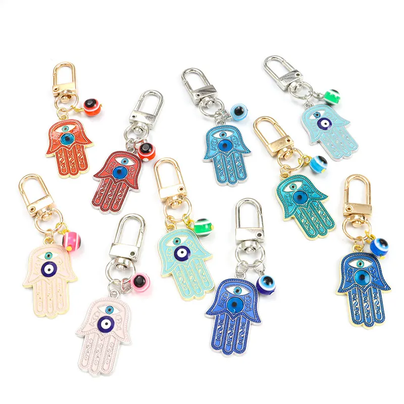 Hamsa Hand Fatima Blue Turkish Evil Eye Enamel Charm Keychain Lucky Colorful Devil Eye Keyring Earphone Case Bag Key Accessories