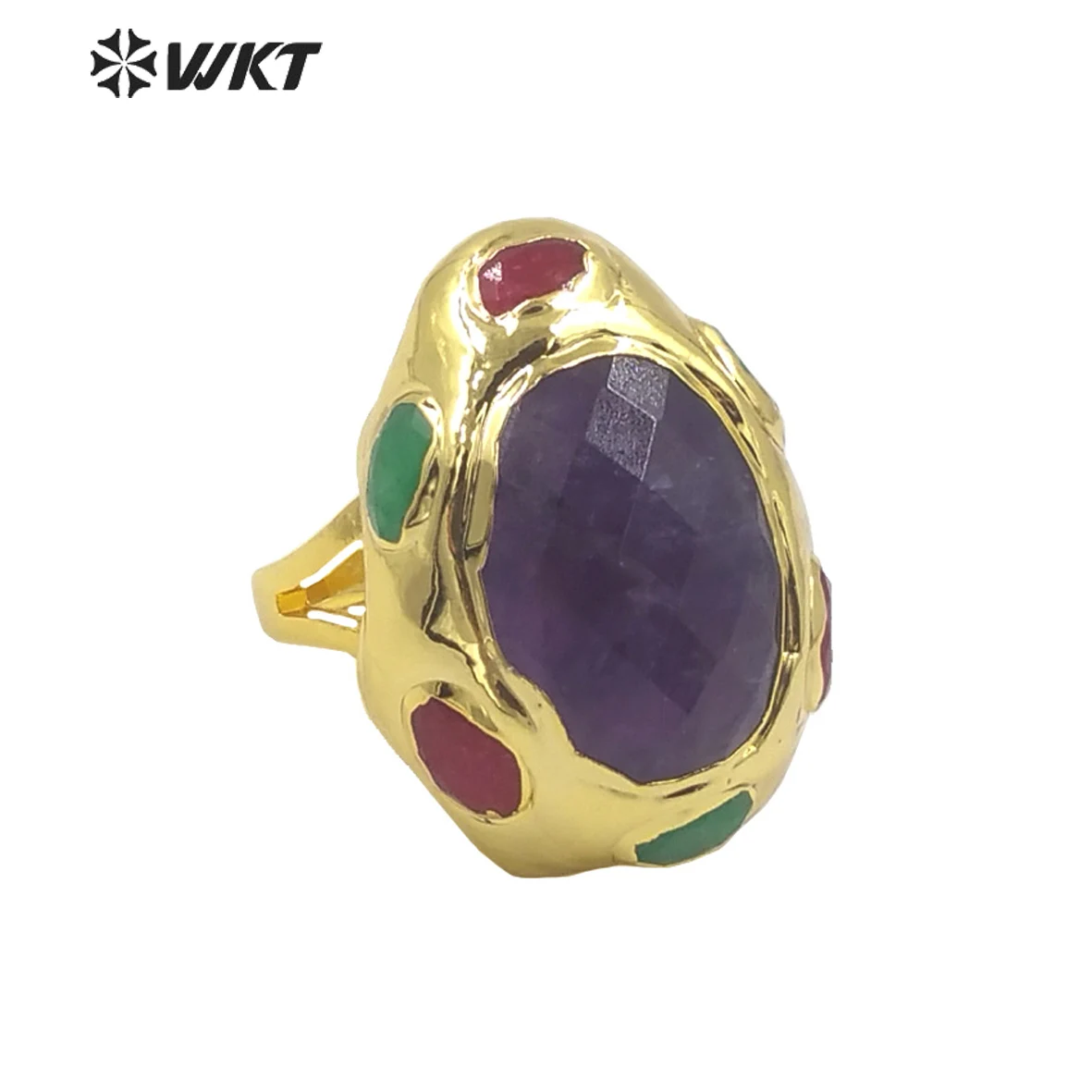 WT-R405 WKT Unique Natural Stone Ring Oval Shape Amethysts And Sodalite Gold Plated Two Choice Ladies Jewelry Open Decorative