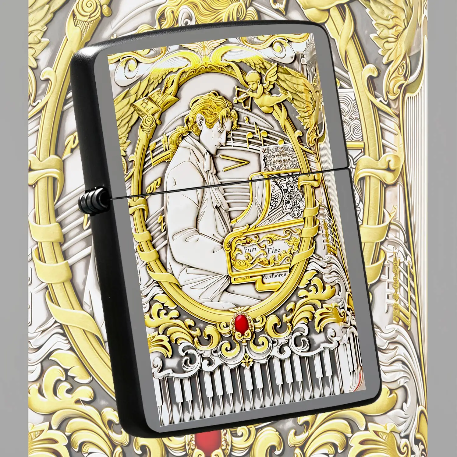 Vintage Embossed Lighter, Classical Fur Elise Musician Motif With Gold Inlay Ornate Carving, Exquisite Artcollectible, Ideal Daily Use Present Forlovers Friends Family For All Scenes   A Humorous And Interesting Lighter