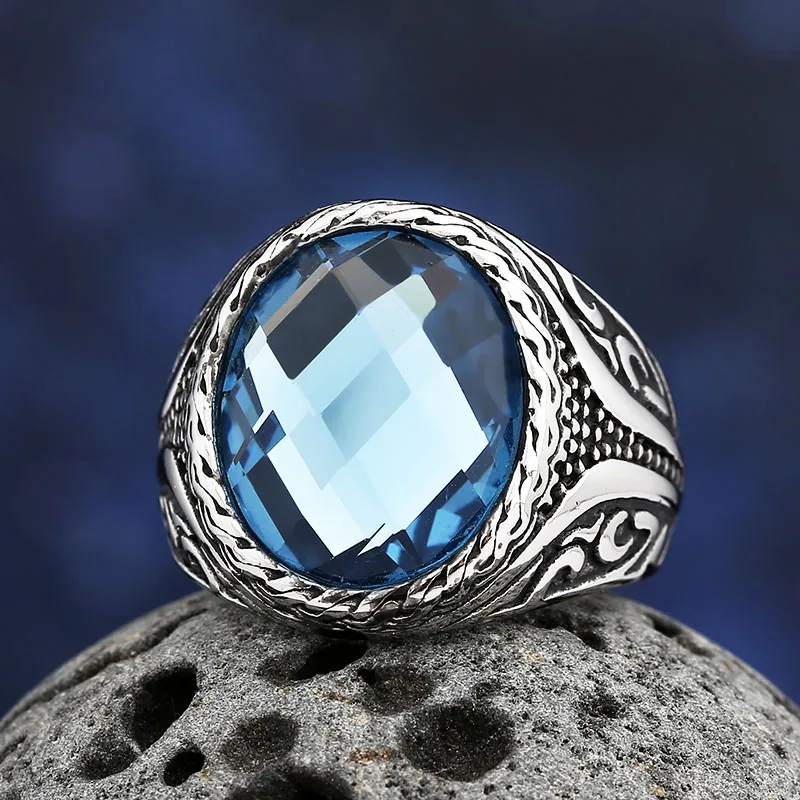 2024 NEW 316L Stainless Steel Blue Zircon Ring Vintage Good Polished Fashion Jewelry Couple Gift us size 7 to 13