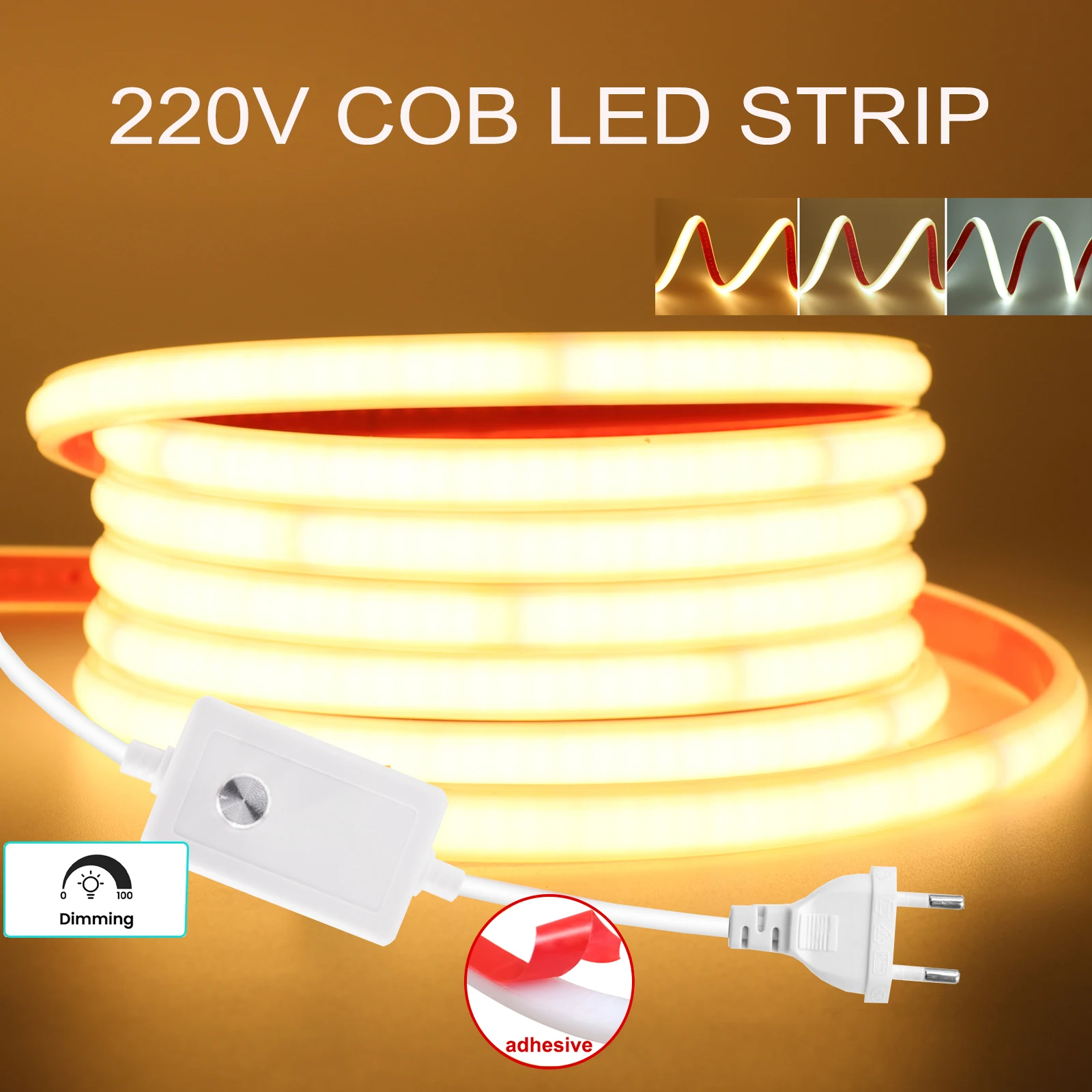 

220V Dimmable COB LED Light Strips IP68 Waterproof Adhesive Tape With Switch EU Plug Flex Lamp For Home Outdoor Garden Lighting
