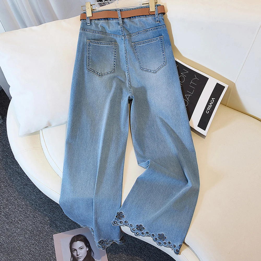 Damskie spodnie jeansowe z ażurowego jedwabiu lodowego, haftowane, letnie, jesienne, o długości 7/8, proste, z szerokimi nogawkami, z wysokim stanem, codzienne spodnie.