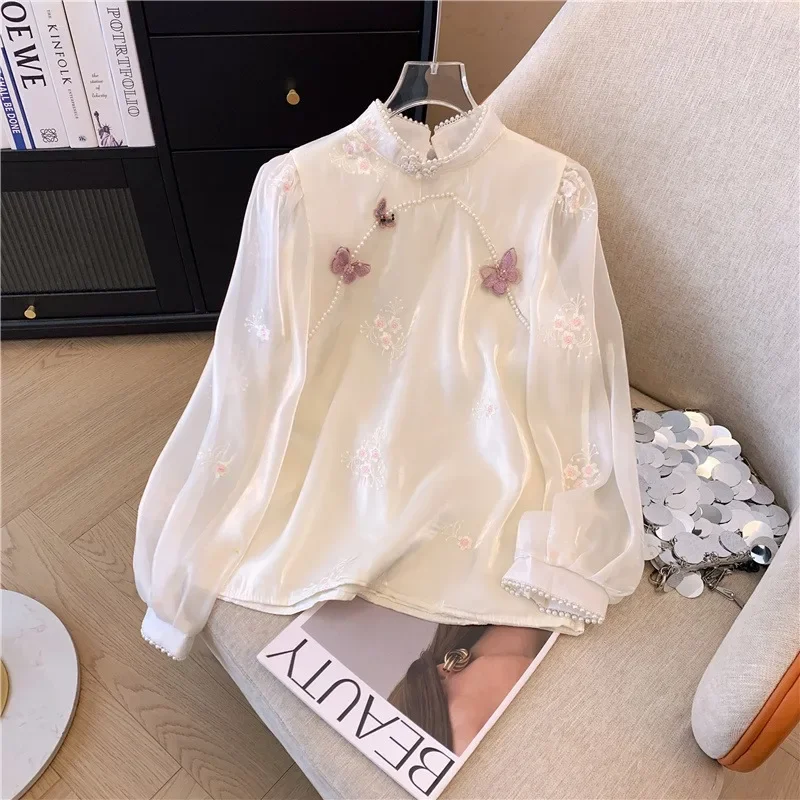 Embroidery Chinese Style Blouses Spring/Summer Vintage Women\'s Shirt Loose Chiffon Women Tops Long Sleeves Clothing