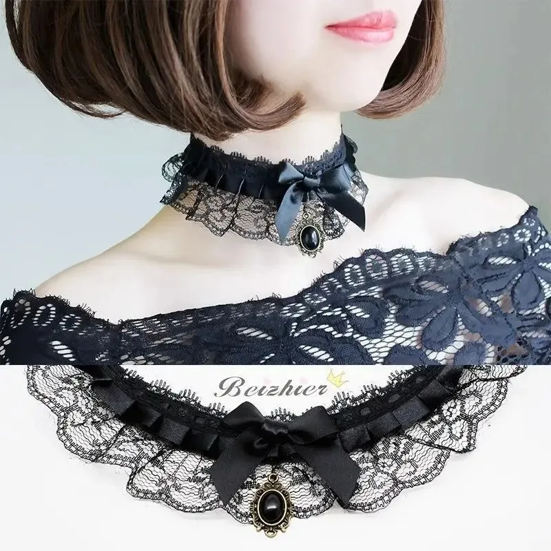 Punk Sexy Personality Trend Simple Fashion Temperament Bow Black Lace Stone Necklace Clavicle chain