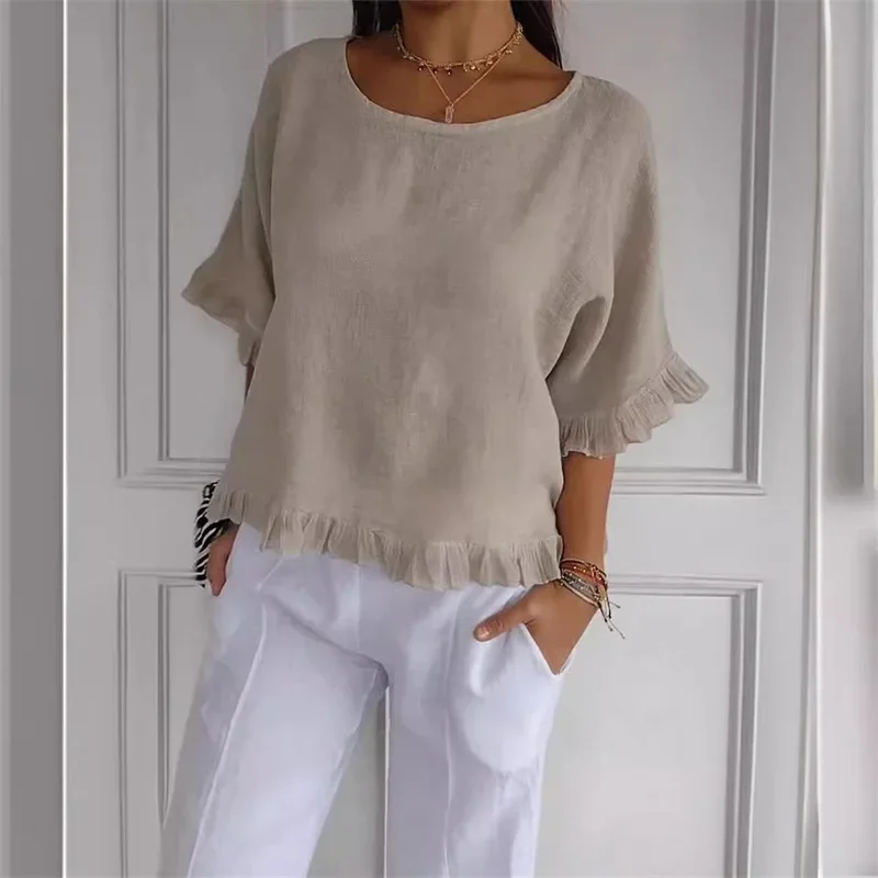 Women Solid Color Cotton Linen Half Sleeve Ruffle Hem Shirt O Neck Pullover Loose Blouse Summer Korean Daily Casual Female Tops