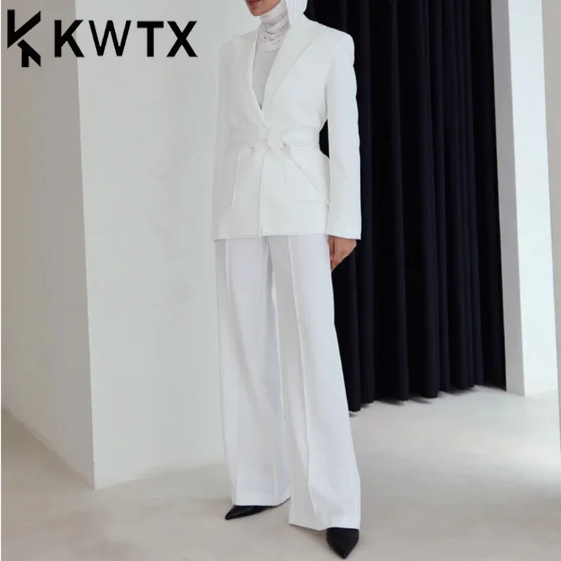 

KWTX Women's Beaded Trim Belted Suit Set - Fashion Blazer & Pants Spring Summer Office Wear Designer Matching Outfit S-XXL